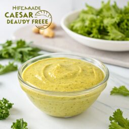 create a perfect view image of a food so that it should look with good presentation and in the image the food should be clearly visible and the central text of food name[Homemade Caesar Dressing Recipe] standout and bold.