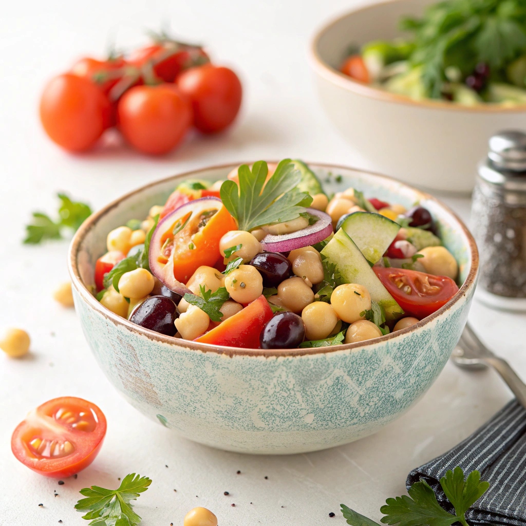 create a perfect view image of a food so that it should look with good presentation and in the image the food should be clearly visible and the central text of food name[Mediterranean Chickpea Salad Recipe] standout and bold.