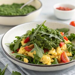 Arugula Scramble with Kale Pesto