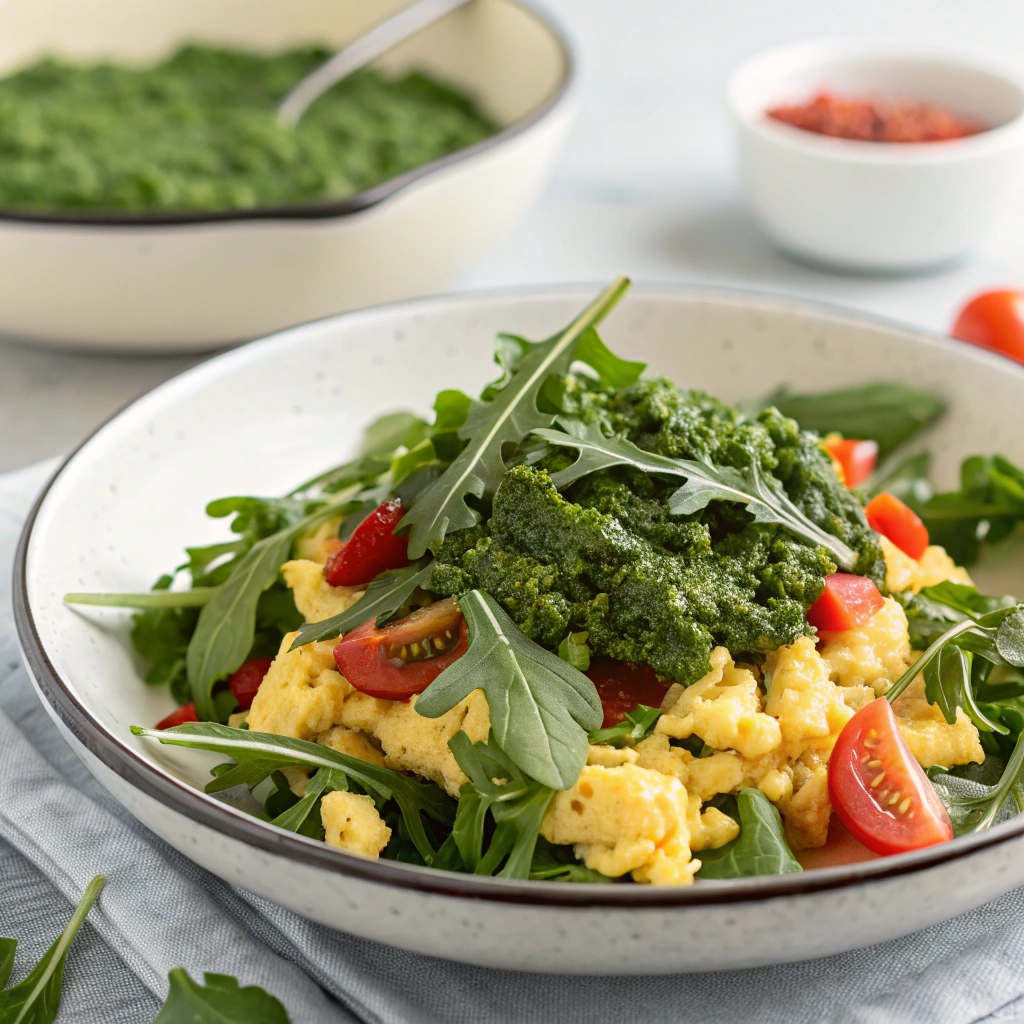 Arugula Scramble with Kale Pesto