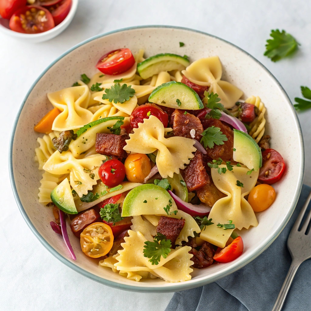 This BLT Pasta Salad is a vibrant twist on a classic sandwich, blending creamy, crunchy, and smoky flavors in every bite. Juicy cherry tomatoes, crisp bacon, and fresh lettuce mingle with tender pasta, creating a dish that’s both hearty and refreshing. Perfect for picnics or weeknight dinners, it’s ready in just 50 minutes, making it a fuss-free crowd-pleaser.
The creamy dressing ties everything together, while the bacon adds a savory depth that’s impossible to resist. Each forkful offers a delightful mix of textures—soft pasta, crisp lettuce, and bursts of tomato sweetness. It’s a salad that feels indulgent yet light, proving comfort food can be both satisfying and fresh. You’ll love how effortlessly it comes together!
Fresh & Flavorful Ingredients
/img

1
2 ounces farfalle pasta (or substitute with penne or fusilli)
¼ cup extra-virgin olive oil
3 tablespoons red wine vinegar (apple cider vinegar works too)
3 garlic cloves, minced
1 teaspoon dried oregano
1 teaspoon dried parsley (or 1 tablespoon fresh parsley)
¾ teaspoon sea salt (adjust to taste)
Tempeh Bacon, broken into small pieces (or use regular bacon for a non-vegan option)
2 cups halved cherry tomatoes
⅓ cup chopped sun-dried tomatoes
1 cup thinly sliced cucumber
½ cup thinly sliced red onion
1 avocado, thinly sliced (add just before serving to prevent browning)
½ cup fresh arugula (spinach or mixed greens are great substitutes)

Simple Step-by-Step Instructions

Cook the pasta: Bring a large pot of salted water to a boil. Add the farfalle pasta and cook according to the package directions, or until slightly past al dente. Drain and set aside.
Prepare the dressing: In the bottom of a large bowl, whisk together the olive oil, red wine vinegar, minced garlic, oregano, parsley, and sea salt until well combined.
Combine pasta and dressing: Add the cooked pasta to the bowl with the dressing and toss until evenly coated.
Add the mix-ins: Gently fold in the tempeh bacon, cherry tomatoes, sun-dried tomatoes, cucumber, and red onion. Toss to combine.
Finish with avocado and arugula: Just before serving, add the sliced avocado and fresh arugula. Gently mix to avoid mashing the avocado.
Season and serve: Taste and adjust seasoning if needed. Serve immediately for the best texture and flavor.

Perfect Pairings: Serving Suggestions
This BLT Pasta Salad is a star on its own, but it pairs beautifully with grilled chicken, garlic bread, or a simple green salad for a heartier meal. For a summer gathering, serve it alongside lemonade or iced tea for a refreshing combo. It’s also a great addition to potlucks or picnics—just pack it in a sealed container and enjoy!
Keep It Fresh: Storage and Reheating Tips
Store leftovers in an airtight container in the fridge for up to 2 days. If the avocado starts to brown, simply remove those pieces before serving. This salad is best enjoyed cold, so there’s no need to reheat it. For meal prep, keep the dressing separate and toss everything together just before eating to maintain the best texture.
Mix It Up: Recipe Variations
Swap the farfalle pasta for penne or rotini if you prefer. Not a fan of tempeh bacon? Try crispy turkey bacon or skip it altogether for a vegetarian option. Add crumbled feta or shredded Parmesan for a cheesy twist, or toss in some roasted red peppers for extra flavor. The possibilities are endless!
Quick Tips: Time-Saving Hacks
To save time, prep the veggies and dressing while the pasta cooks. Use pre-minced garlic and pre-sliced sun-dried tomatoes to cut down on chopping. If you’re in a rush, skip the avocado and arugula—they’re delicious but not essential. This recipe is flexible, so feel free to adapt it to your schedule!