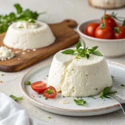 create a perfect view image of a food so that it should look with good presentation and in the image the food should be clearly visible and the central text of food name[Vegan Ricotta Recipe] standout and bold.