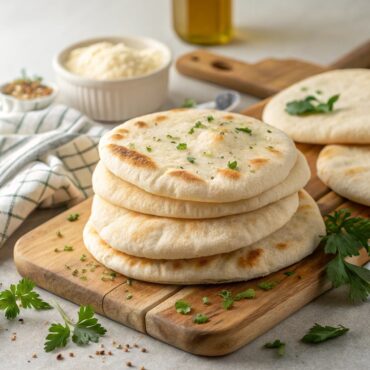 create a perfect view image of a food so that it should look with good presentation and in the image the food should be clearly visible and the central text of food name[Homemade Pita Bread Recipe] standout and extreme.