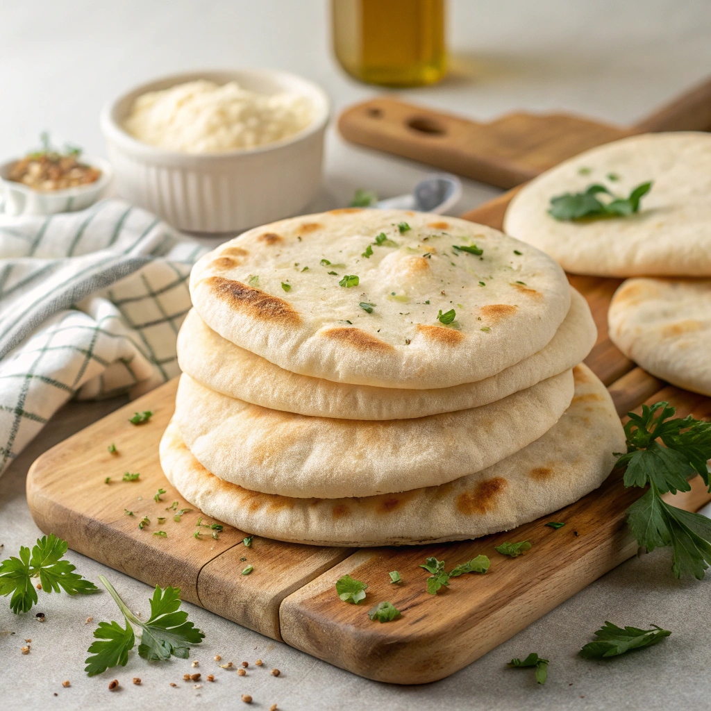 create a perfect view image of a food so that it should look with good presentation and in the image the food should be clearly visible and the central text of food name[Homemade Pita Bread Recipe] standout and extreme.