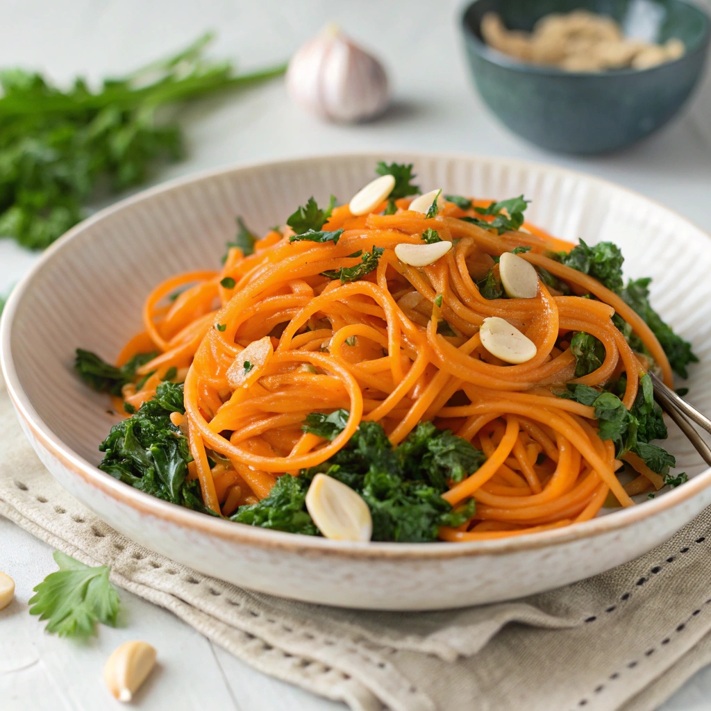 Sweet Potato Noodles with Garlic & Kale Recipe