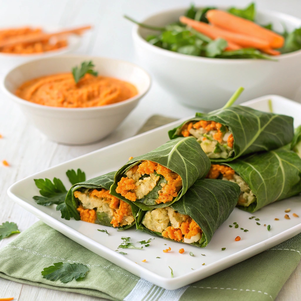 Collard Wraps with Carrot Hummus