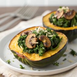 Stuffed Acorn Squash w/ Kale & Creminis