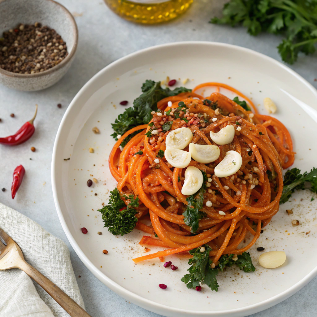 Ingredients for Sweet Potato Noodles with Garlic & Kale