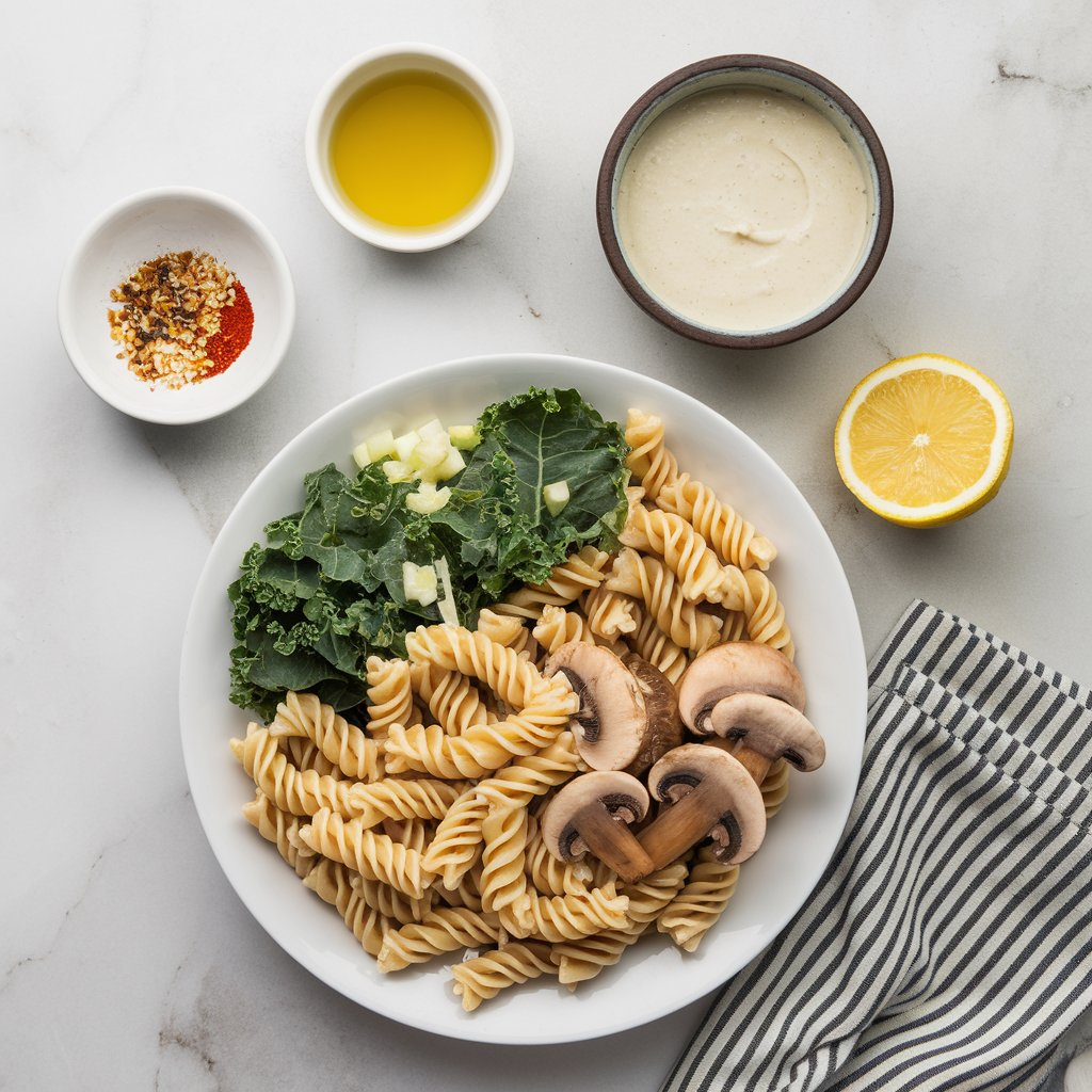 Ingredients for Creamy Vegan Shiitake & Kale Pasta