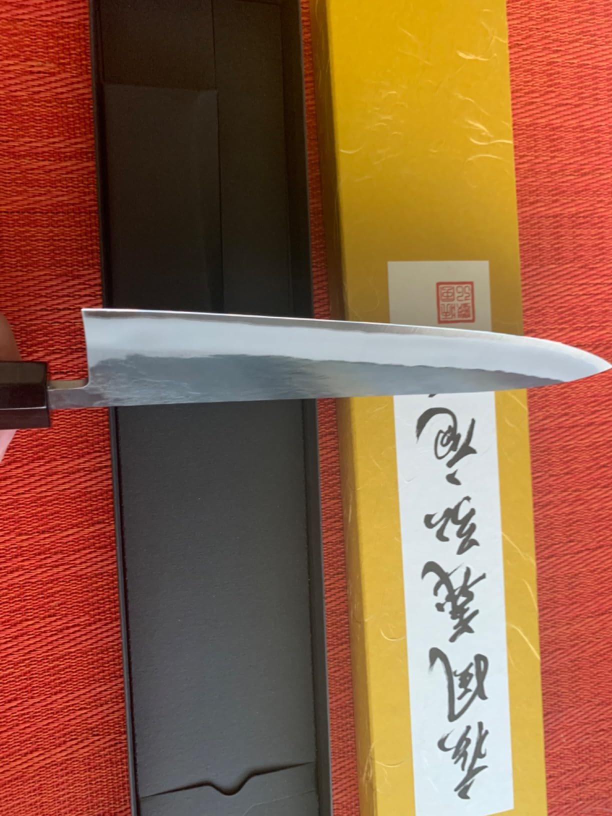 Yoshihiro Kurouchi Black-Forged Blue Steel Stainless Clad Gyuto Chefs Knife Ebony Handle (8.25'' (210mm) & Saya) - Customer Photo 1