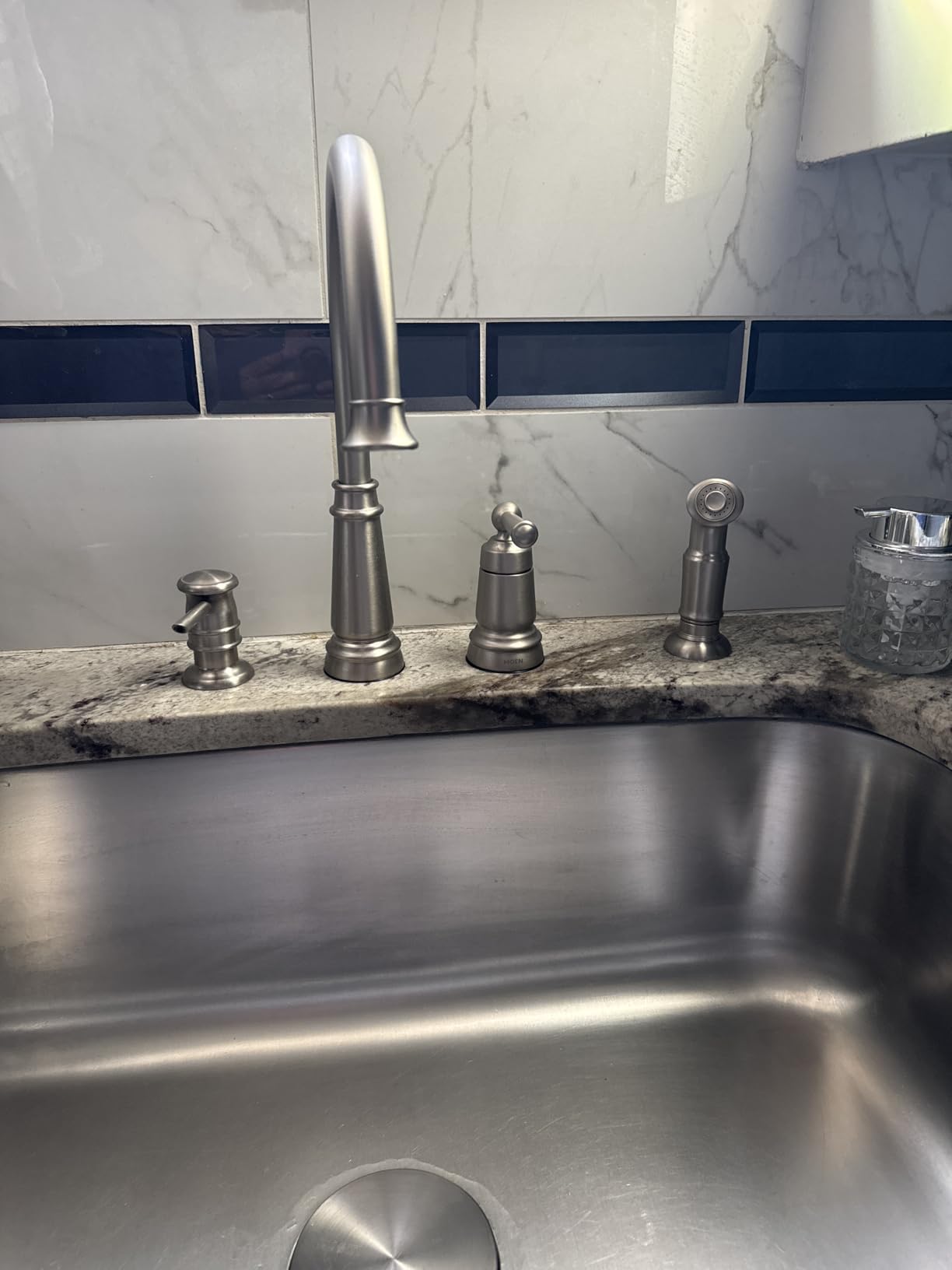 Moen Edison Spot Resist Stainless One-Handle High Arc 4-hole Kitchen Faucet with Side Sprayer and Soap Dispenser, 87042SRS - Customer Photo 1