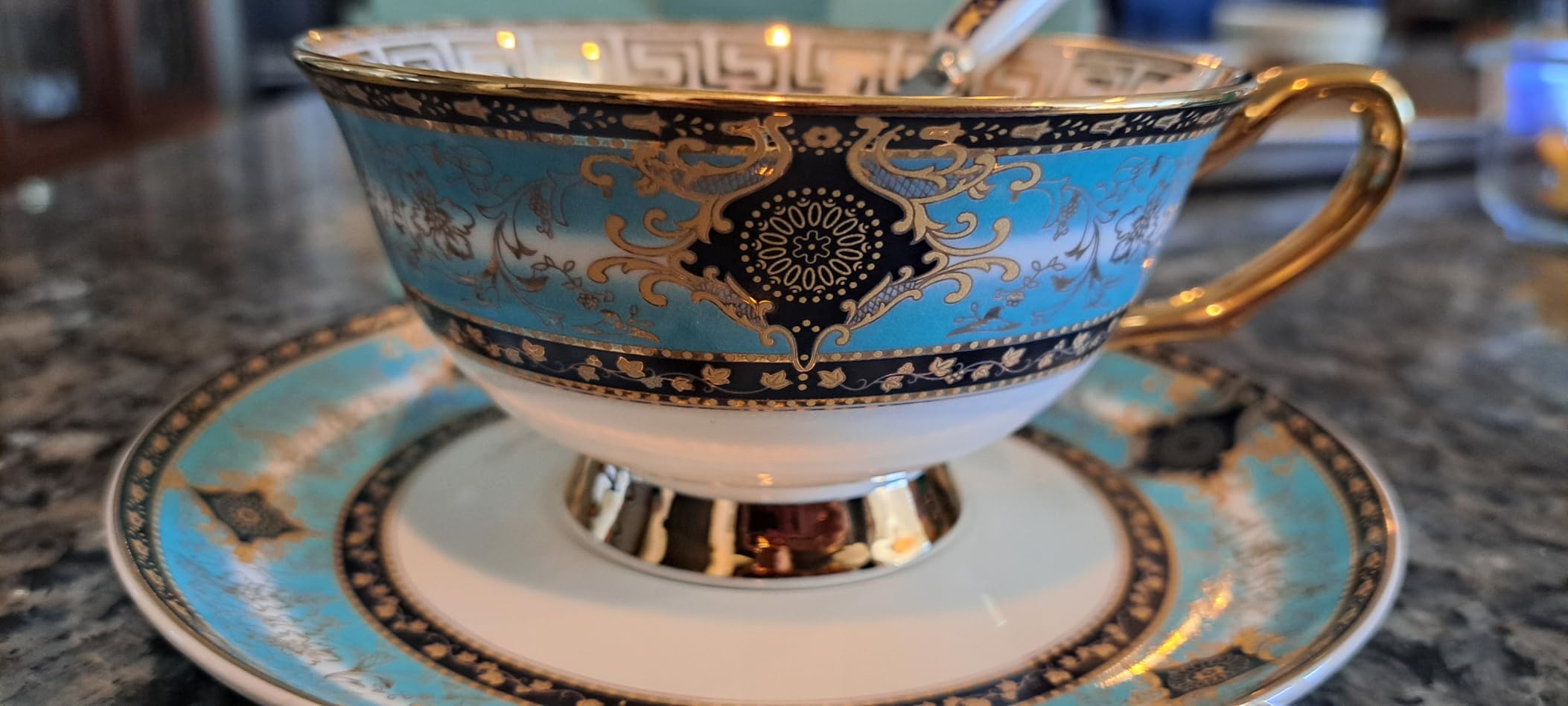 YBK Tech Euro Style Bone China Cup& Saucer Set, Ceramic Tea Coffee Cup for Home Kitchen Wedding (Royal Pattern- Sky Blue) - Customer Photo 2