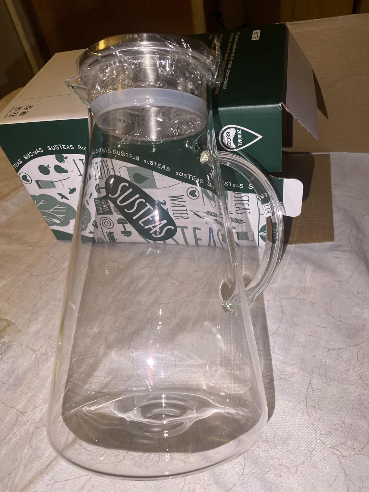 SUSTEAS 2.0 Liter 68oz Glass Pitcher with Lid, Easy Clean Heat Resistant Glass Water Carafe with Handle for Hot/Cold Beverages - Water, Cold Brew, Iced Tea & Juice, With 1 Long-Handled Brush Included - Customer Photo 0