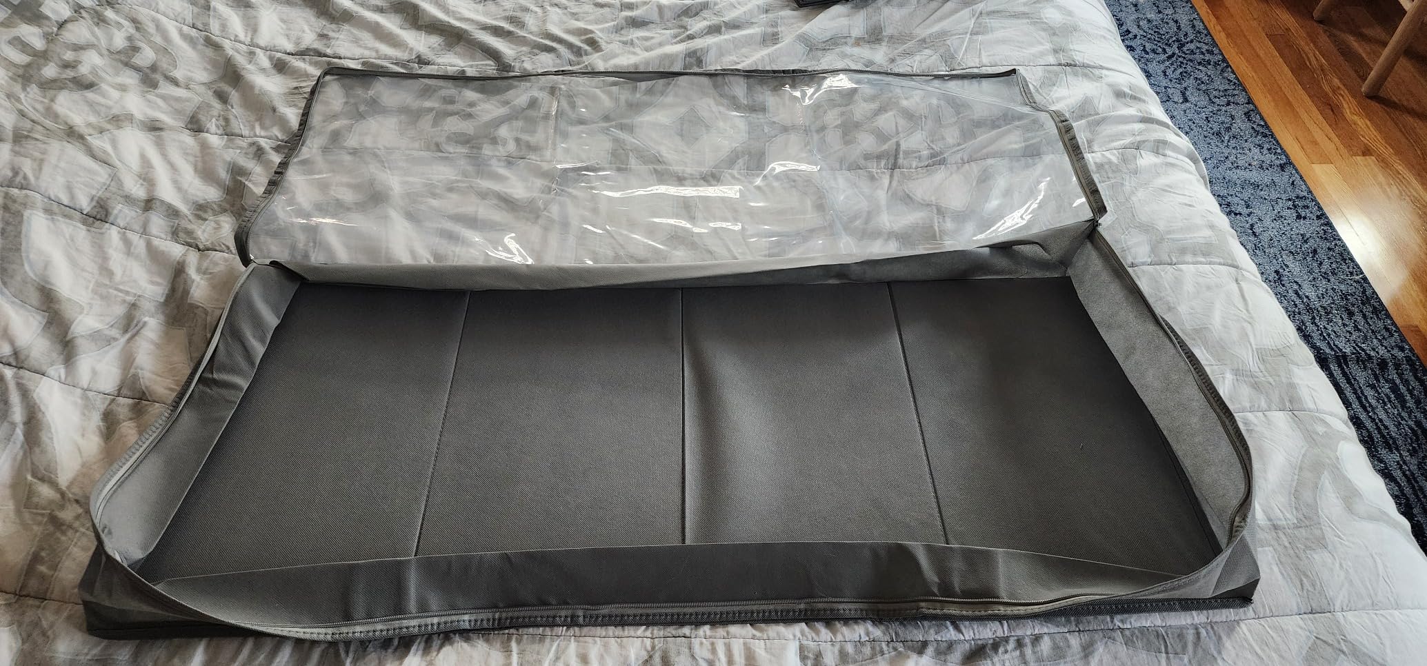Amazon Basics Under Bed Fabric Zipper Blanket Storage Container Bags with Window and Handles, 2-Pack, 18 x 42 x 6 inches, Gray - Customer Photo 5