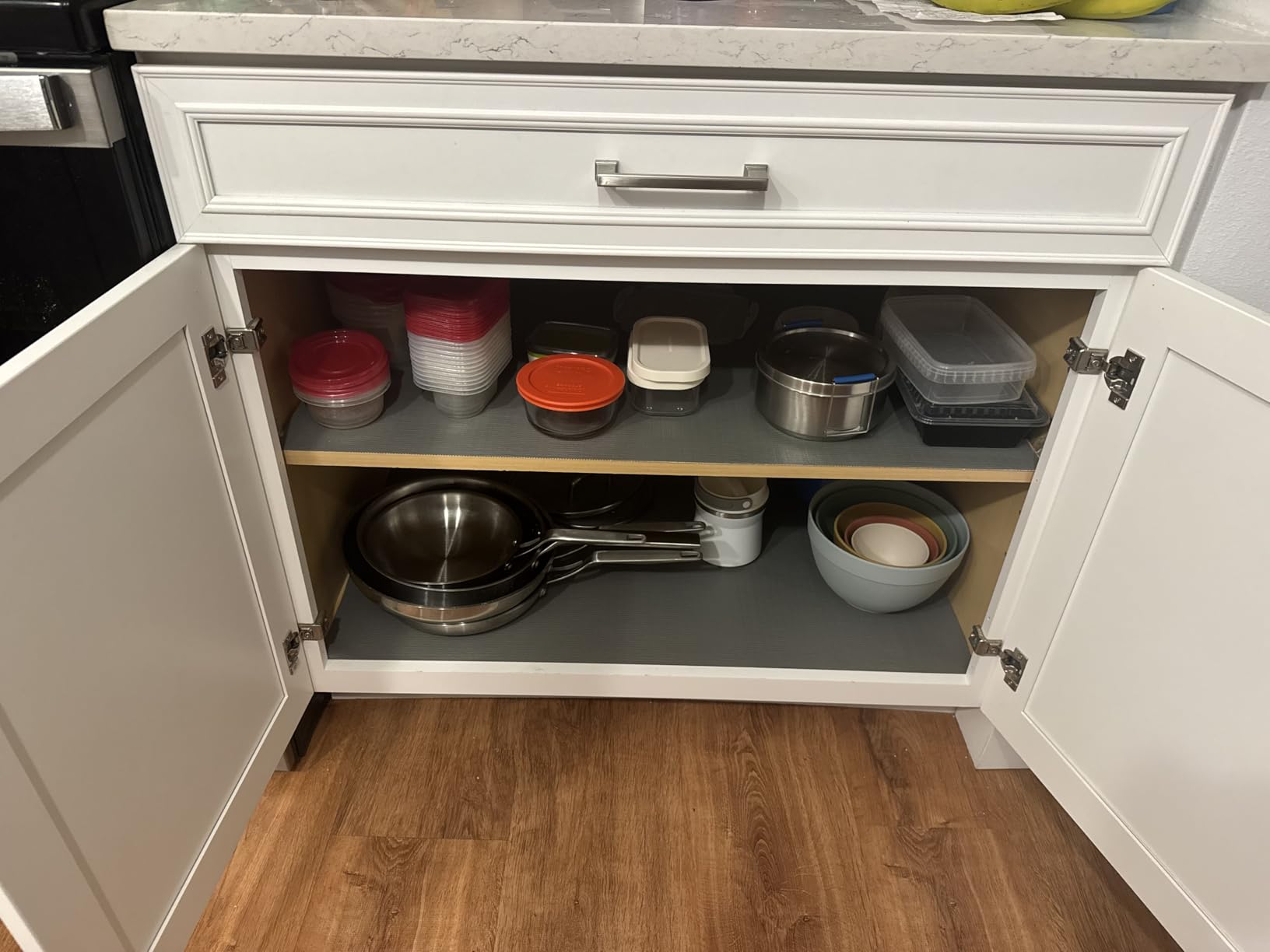 GORILLA GRIP DripGuard Shelf Liner, Non-Adhesive Drawer and Kitchen Cabinet Protector, Strong Grip Slip Resistant Underside, Smooth Surface Liners for Cabinets, Bathrooms, Closets, 12x240 Inch, Marble - Customer Photo 1