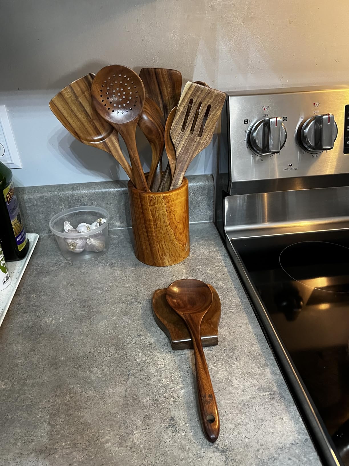 Wooden Utensil Set 8 Pcs – Sturdy & Easy to Clean, Natural Teak Wooden Spoons for Cooking – Non-Scratch Cooking Utensils with Spatula, Turner, Ladle, Spoons, Skimmer, Holder, Spoon Rest & 6 Hooks - Customer Photo 4