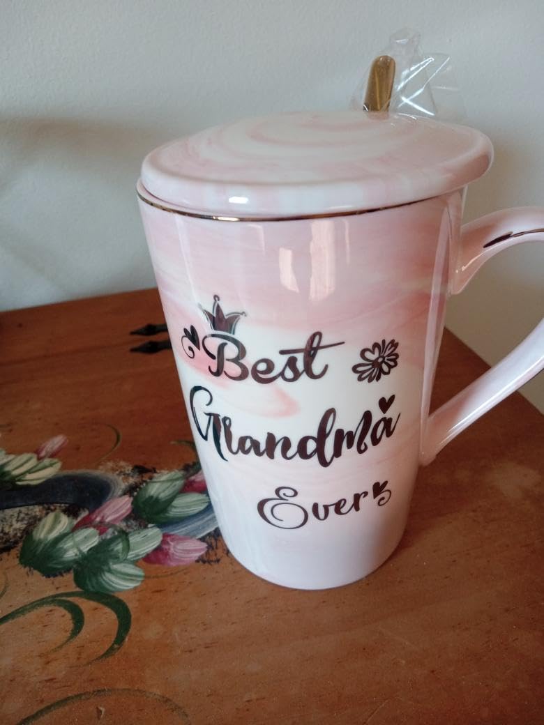 Gifts for Grandma - Best Grandma Ever Mug, Unique Christmas Birthday Gifts for New Grandmas from Granddaughter Grandson - 14Oz Pink Marble Ceramic Coffee Mugs Print with Gold - Lid Spoon Card, Box - Customer Photo 4