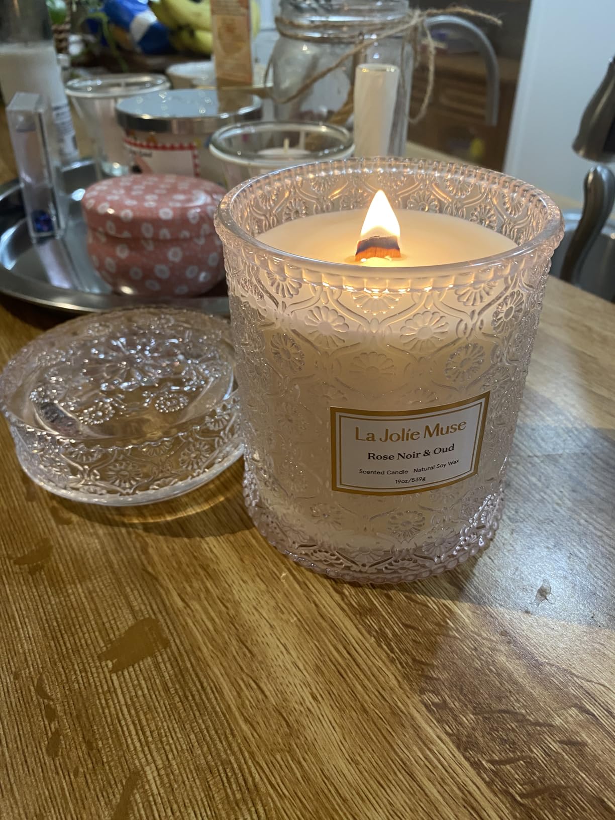 LA JOLIE MUSE Rose Noir & Oud Scented Candle – Lemon, Rose & Oud | 19 oz Large Wooden Wick Candle | Natural Soy Wax | 90 Hours Clean Burn - Customer Photo 1