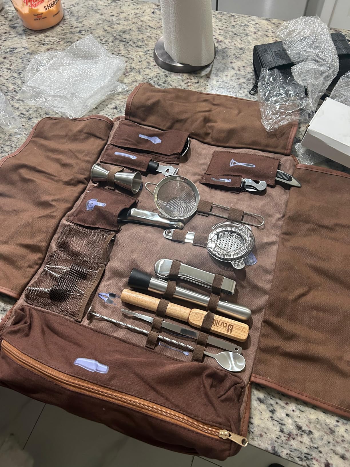 Barillio Bartender Kit Bag with Cocktail Shaker Set - Waxed Canvas, Traveling Bar Tools Bag with 17-Pc Cocktail Kit - Travel Mixology Bartending Kits - Mobile Bar Roll with Strap & Accessories - Customer Photo 1