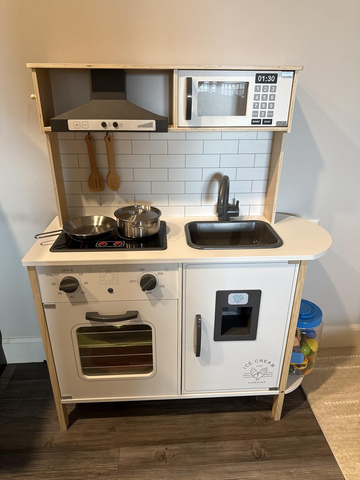Tiny Land Play Kitchen for Kids, Wooden Kids Play Kitchen Playset Chef Pretend Play Set for Toddlers with Real Lights & Sounds, Toys Kitchen with 18 Pcs Toy Food & Cookware Accessories - Customer Photo 2