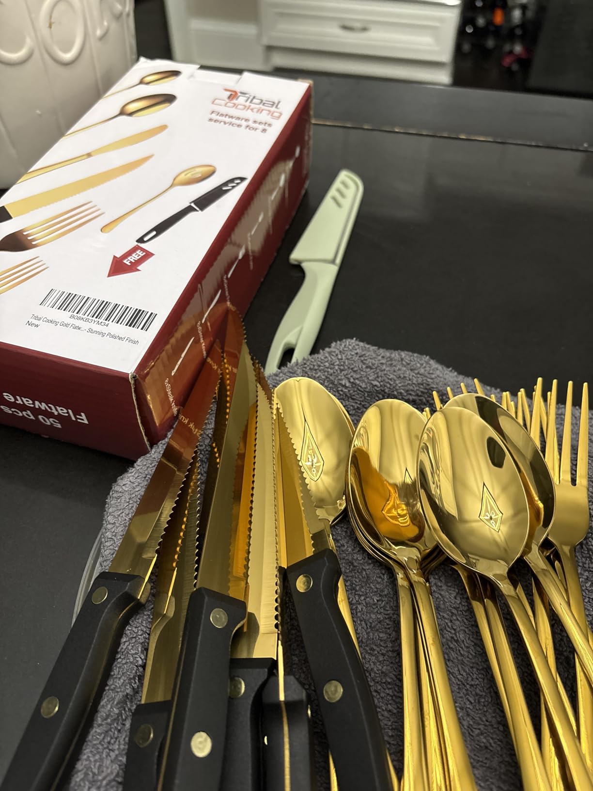 Tribal Cooking 49 Piece Gold Silverware Set - Service for 8 - Stainless Steel Gold Flatware serving set - Cutlery Set - Knives, Fork, and Spoon - Dishwasher Safe - Stunning Polished Finish - Customer Photo 2