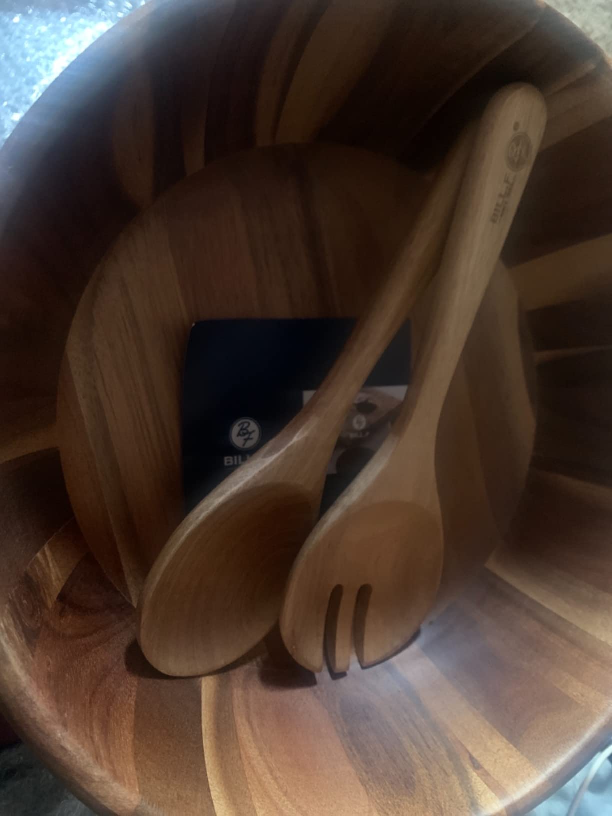 BILL.F Wooden Salad Bowl, 12'' Acacia Wood Salad Bowls Set Large Salad Mixing Bowl with Servers-3-Piece Big Salad Bowl Set customer photo 2