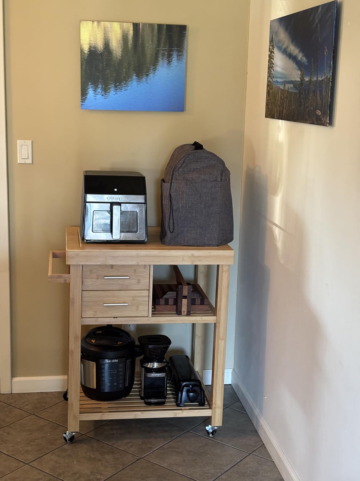Home Aesthetics Rolling Kitchen Island Cart with Drawers Shelves, Towel Rack, Locking Casters, Butcher Block Food Prepping Cart Trolley on Wheels, Bamboo Wood - Customer Photo 3