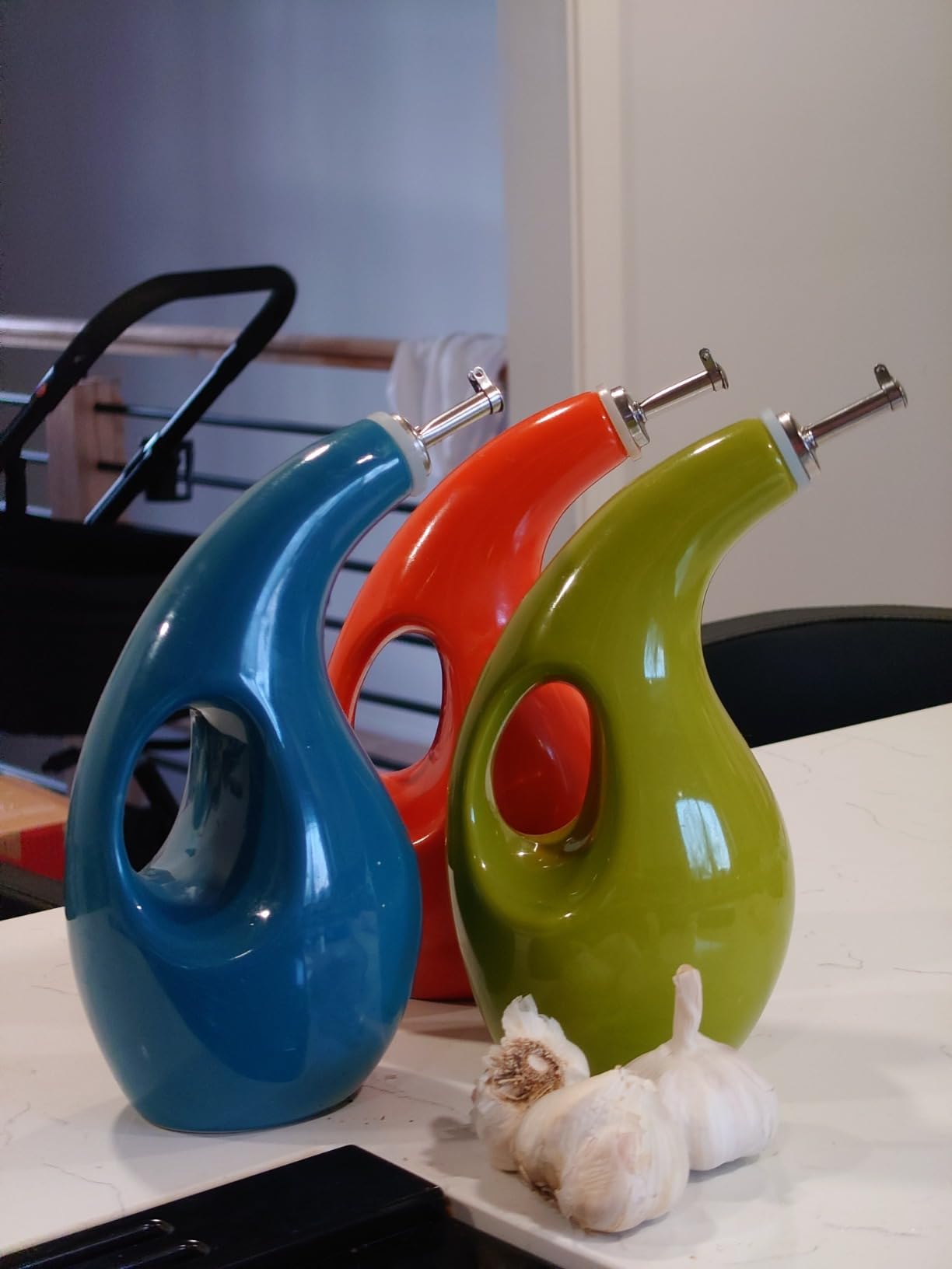 Rachael Ray 48467 Ceramic EVOO Oil and Vinegar Dispensing Bottle with Spout, 24 Ounce - Agave Blue - Customer Photo 1