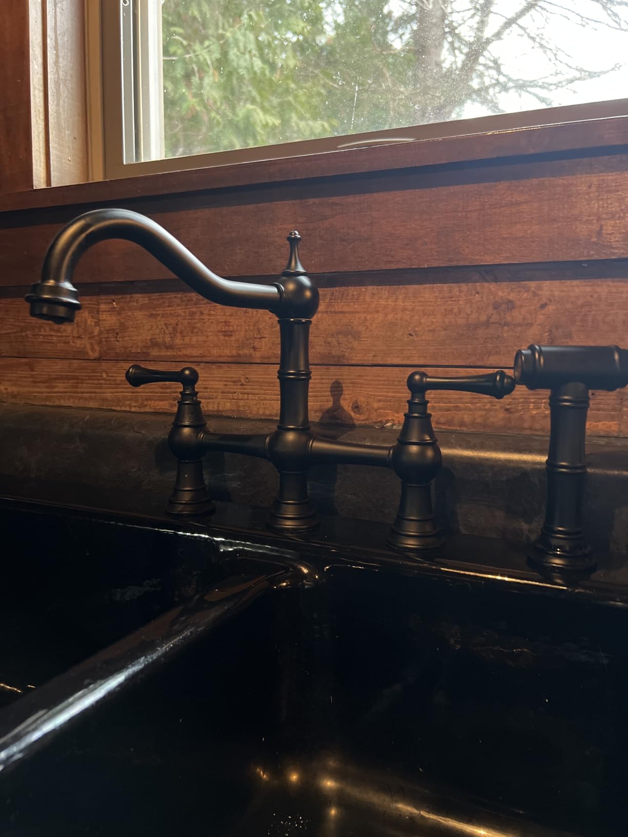 WOWOW Black Kitchen Faucet with Side Sprayer, 4 Hole Brass Kitchen Faucets for Sink, 2 Handle 8 Inch Centerset Bridge Faucet Vintage Farmhouse Copper Kitchen Sink Faucets - Customer Photo 1