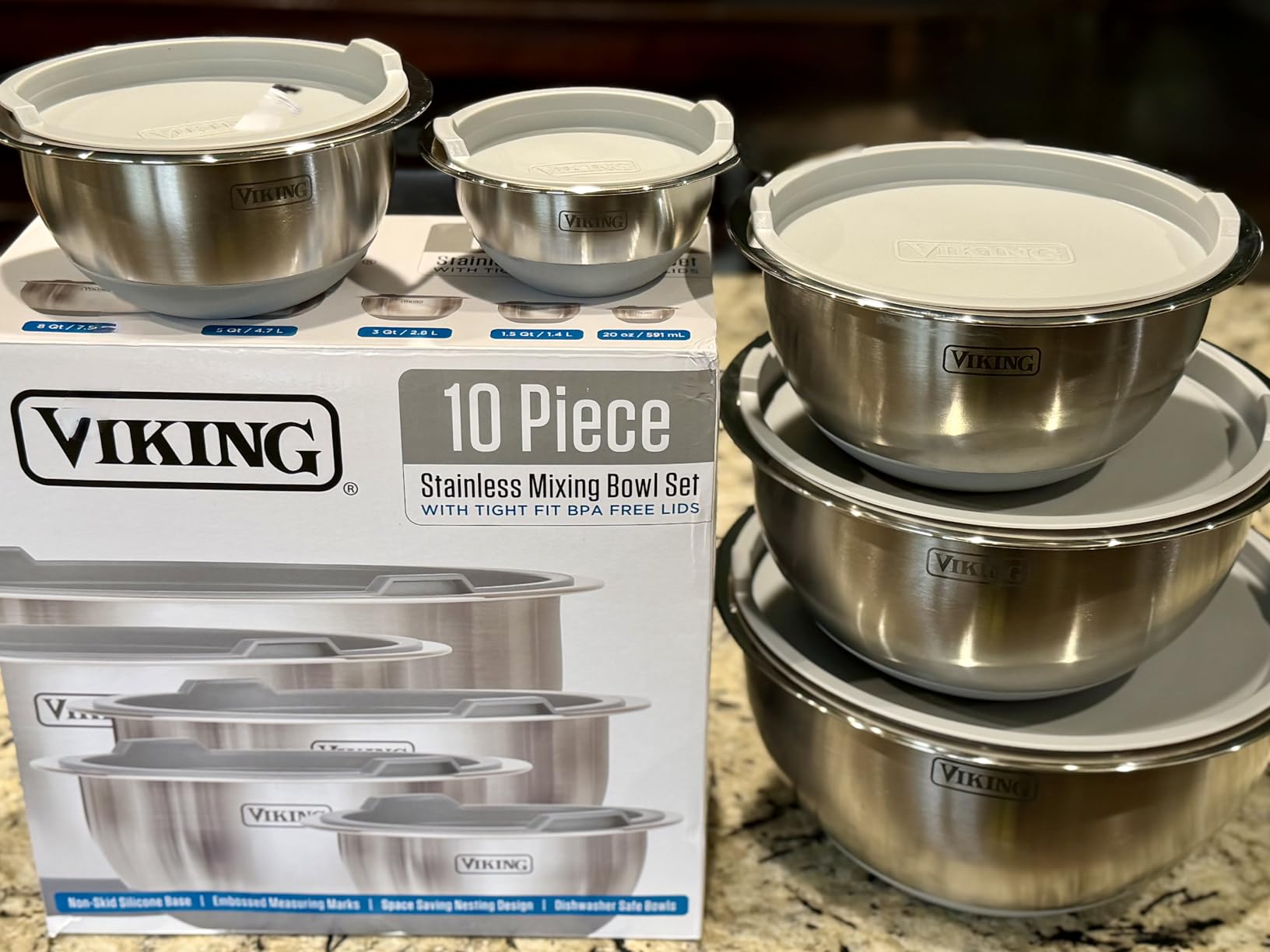 Viking Mixing Bowls Set, 10 Piece Stainless Steel Kitchen Cookware, Non-Slip Silicone Base, Includes Tight Fit Lids, Dishwasher Safe, Black - Customer Photo 1