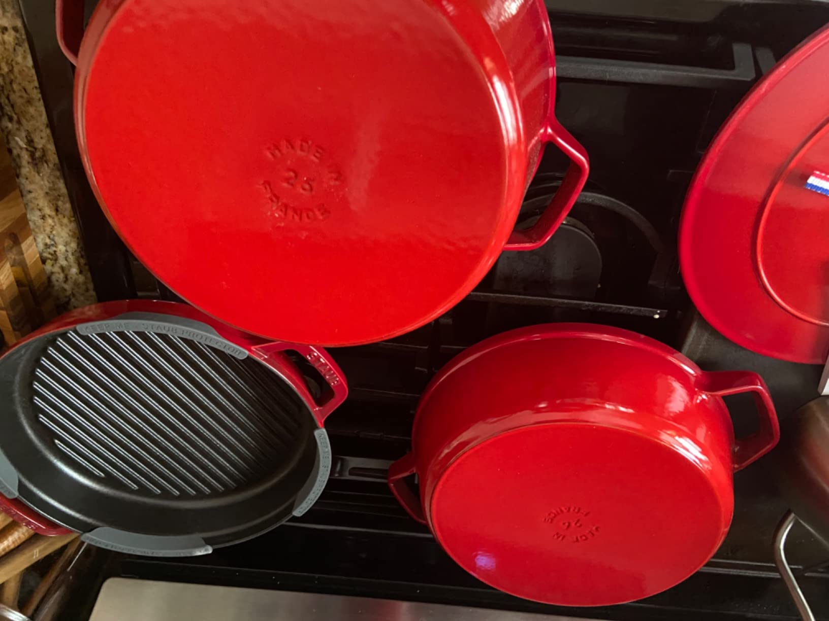 STAUB Cast Iron Set 4-pc, Stackable Space-Saving Cookware Set, Dutch Oven, Skillet, Grill Pan with Universal Lid, Made in France, Matte Black - Customer Photo 2