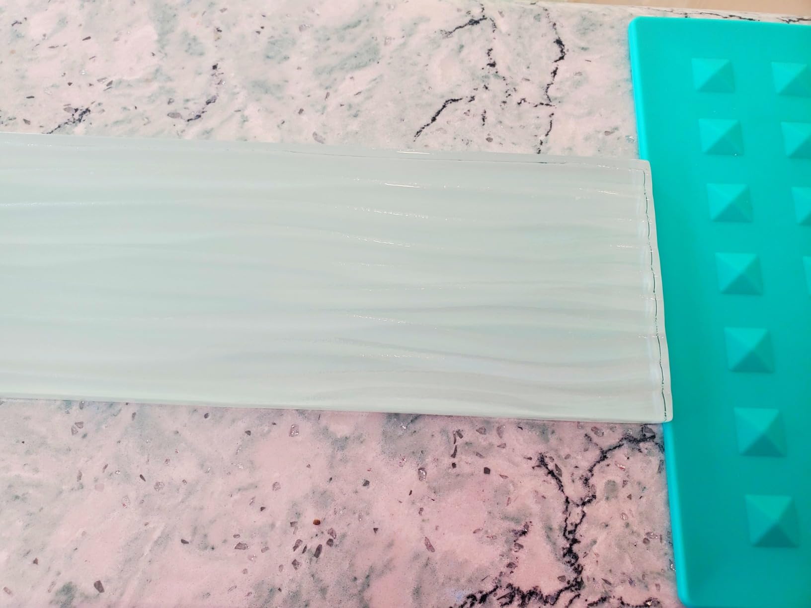 Lovdeco Light Green Water Wave Glass Subway Tile, 3 x 12 Inch, 4 Sq Ft, Backsplash for Bathroom Kitchen Wall, 16-Pack - Customer Photo 2