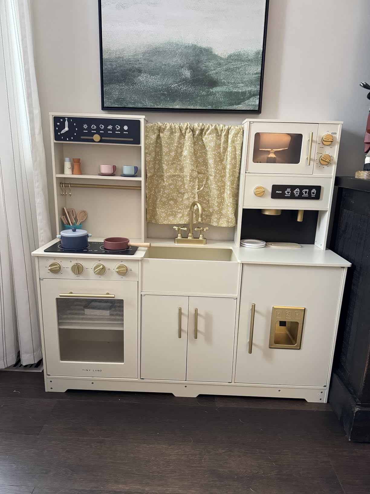 Tiny Land Play Kitchen for Kids, Toy Kitchen Set with Plenty of Play Features, New Modern Kids Wooden Play Kitchen Designed in Trendy Home Style with Curtains, Gift for Ages 3+ - Customer Photo 1