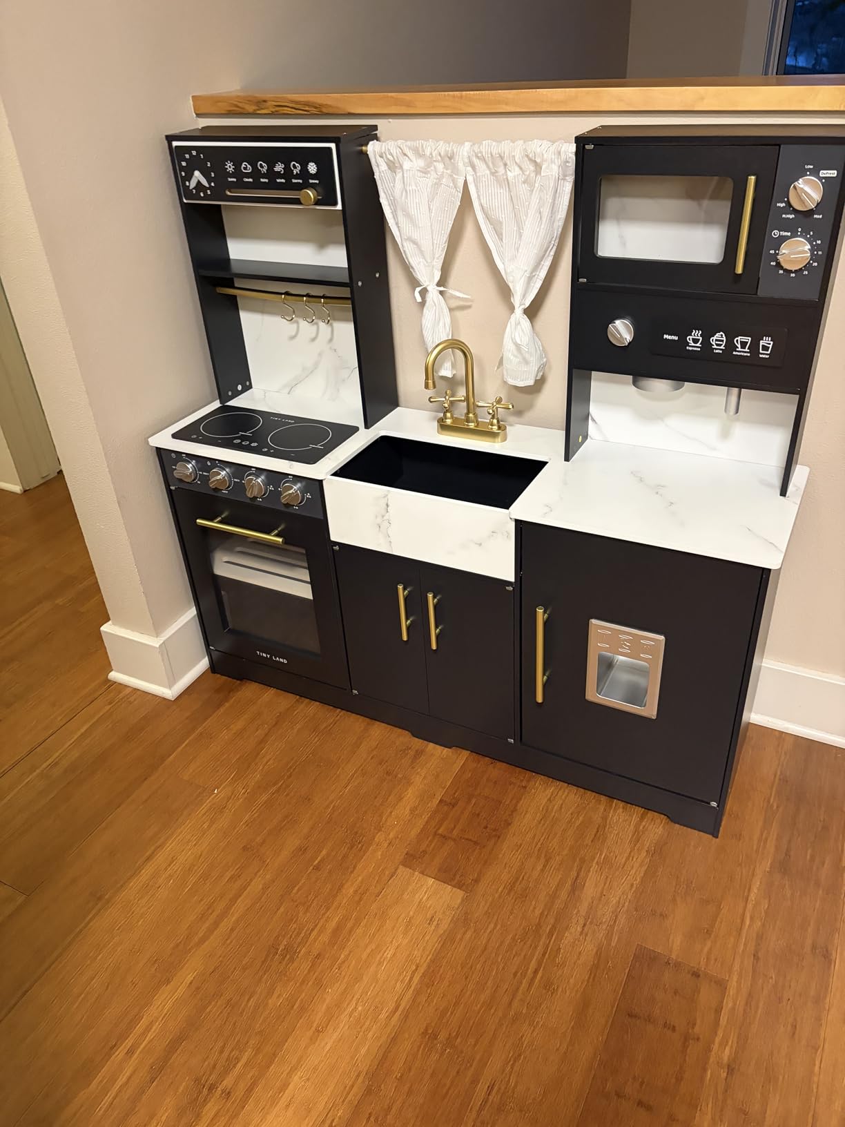 Tiny Land Play Kitchen for Kids, Toy Kitchen Set with Plenty of Play Features, New Modern Kids Wooden Play Kitchen Designed in Trendy Home Style with Curtains, Gift for Ages 3+ - Customer Photo 3