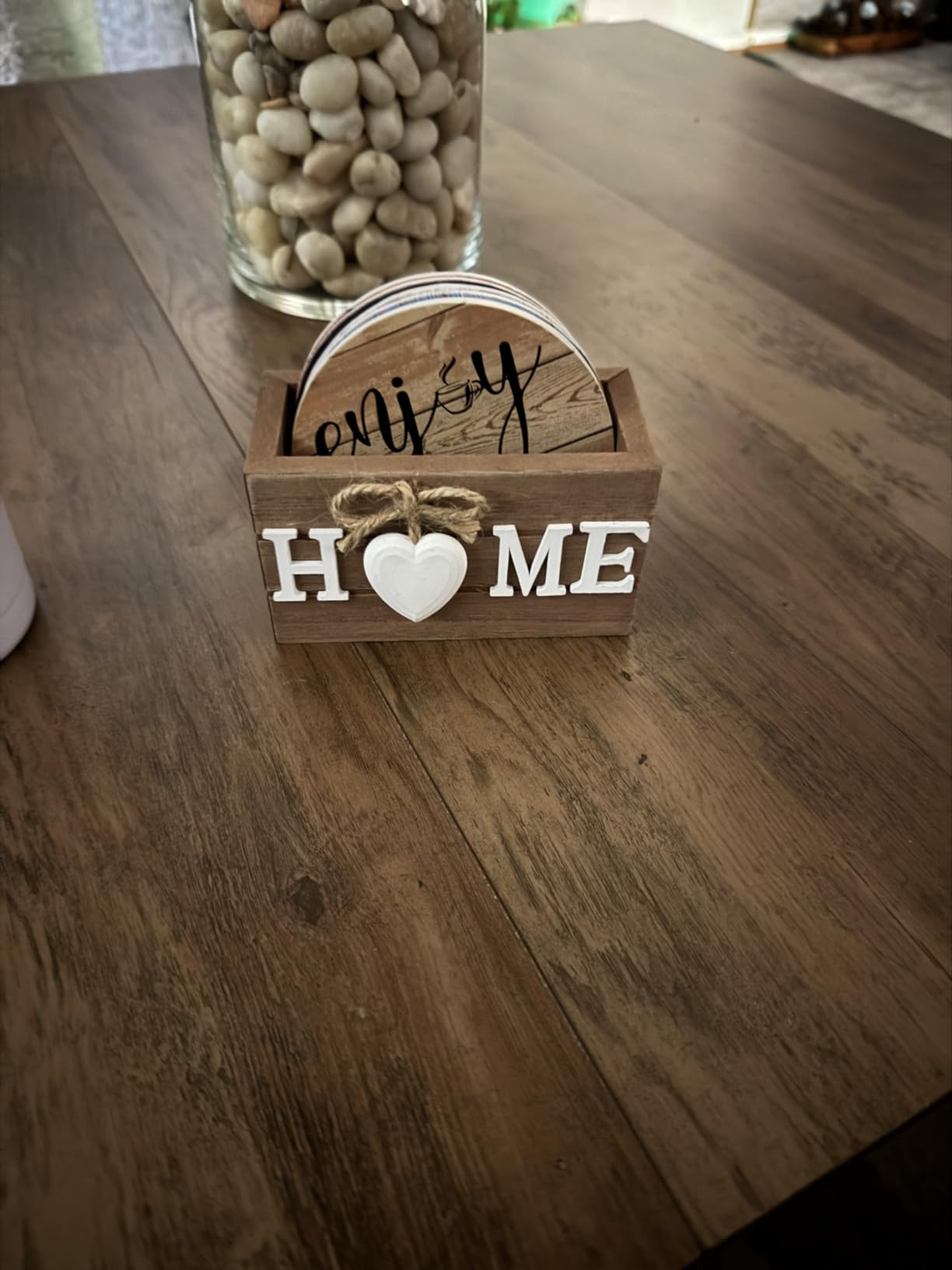 Queekay Coasters Set of 6 House Warming Gifts New Home Wooden Farmhouse Drink Coasters with Holder 4'' Funny Decoration for Kitchen Family Coffee Bar Tabletop Protection(Farmhouse Color) customer photo 2