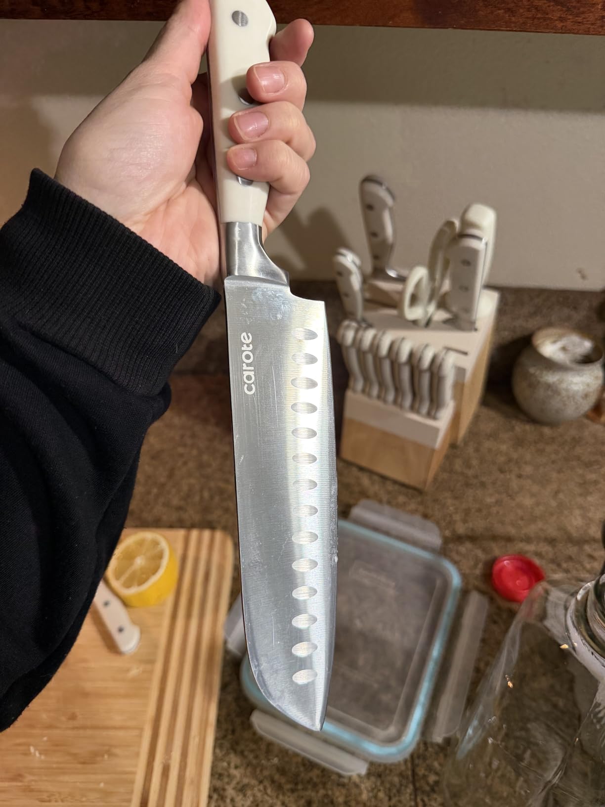 CAROTE 14 Pieces Knife Set with Block, Forged, High Carbon Stainless Steel Sharp Blade Block Knife Set, Dishwasher Safe Cutlery, Cream customer photo 2