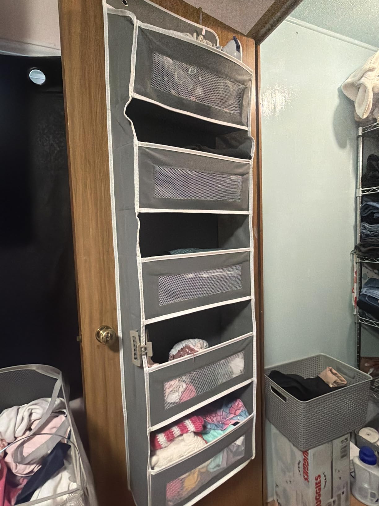 JARLINK Over The Door Organizer Storage, 5 Shelf Hanging Door Organizer with 5 Large Capacity Pockets, Anti Tilt 44 lb Load Behind Door Storage for Bedroom, Bathroom, Pantry, Nursery, (Grey) - Customer Photo 1