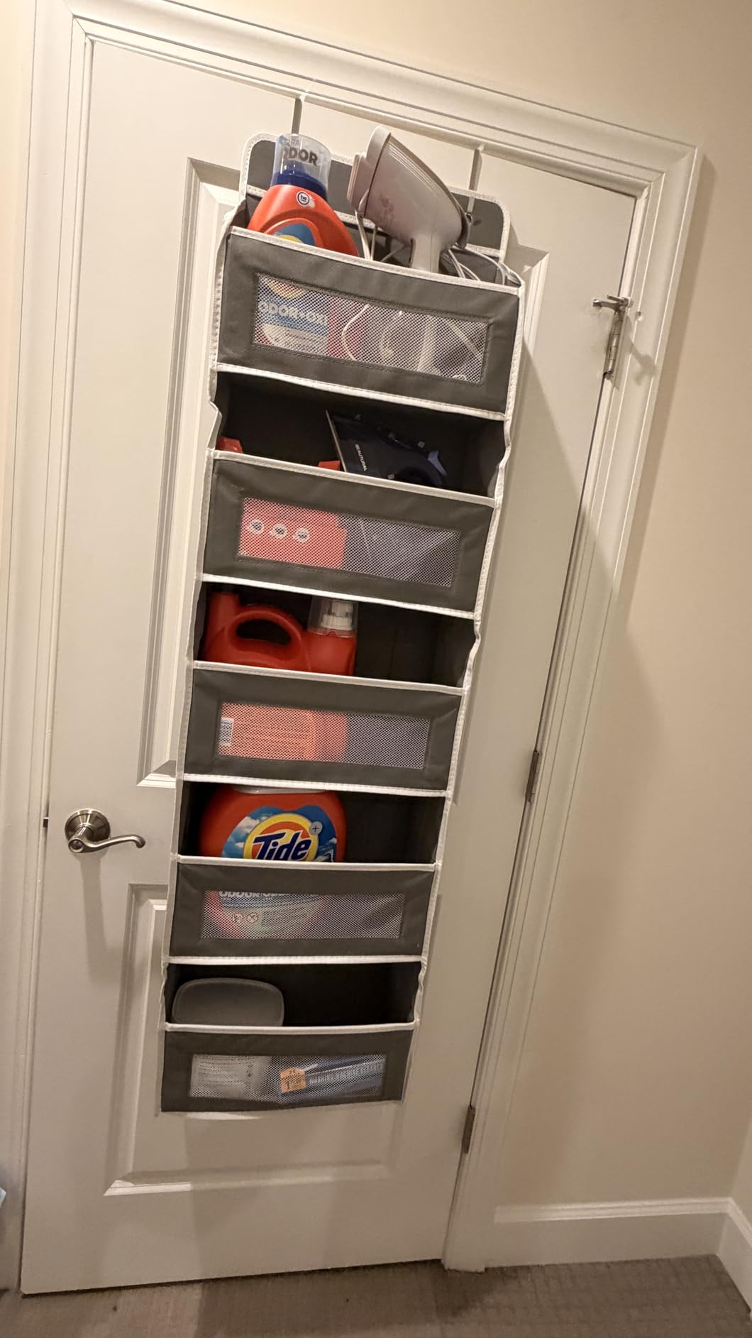 JARLINK Over The Door Organizer Storage, 5 Shelf Hanging Door Organizer with 5 Large Capacity Pockets, Anti Tilt 44 lb Load Behind Door Storage for Bedroom, Bathroom, Pantry, Nursery, (Grey) - Customer Photo 4