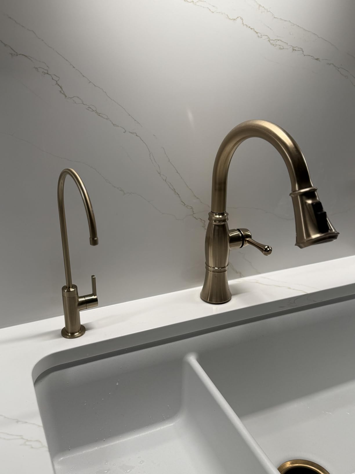 KRAUS Oletto Bridge Kitchen Faucet with Pull-Down Sprayhead in Spot-Free Antique Champagne Bronze, KPF-3122SFACB - Customer Photo 1