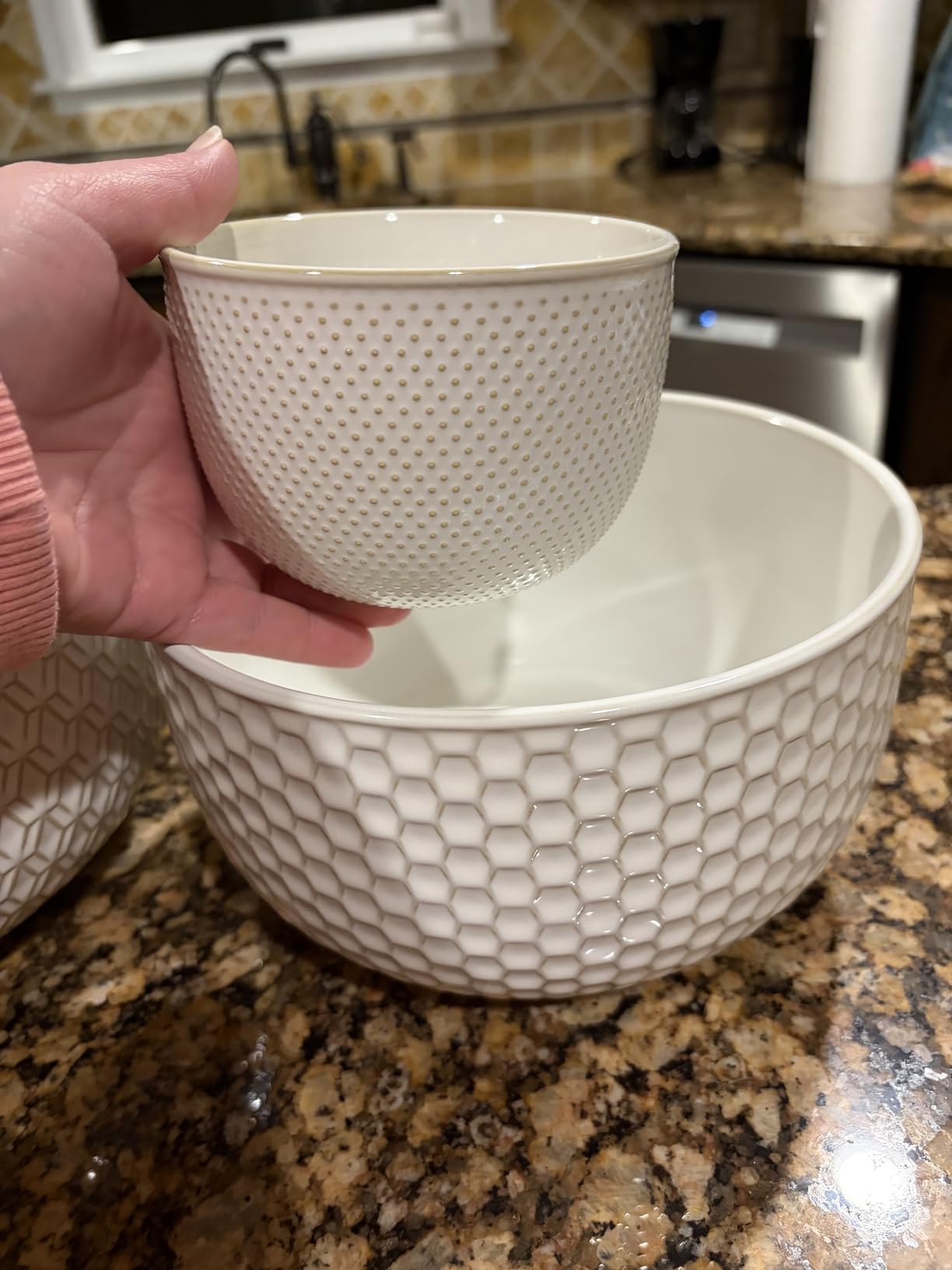 KooK Ceramic Mixing Bowls, Nesting Set of 4, Embossed Kitchen Dishware, Prep, Serving, Gift, Microwave and Dishwasher Safe, 20/44/98/145 oz, Narbonne Collection (Ivory) customer photo 1