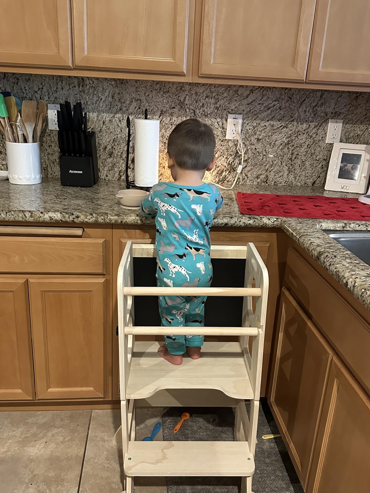 4-in-1 Toddler Kitchen Step Stool, Foldable Learning Standing Tower with Blackboard, Wooden Kitchen Stool Helper for Kids, 1-3 Year Old Boy Girl Gifts - Customer Photo 2