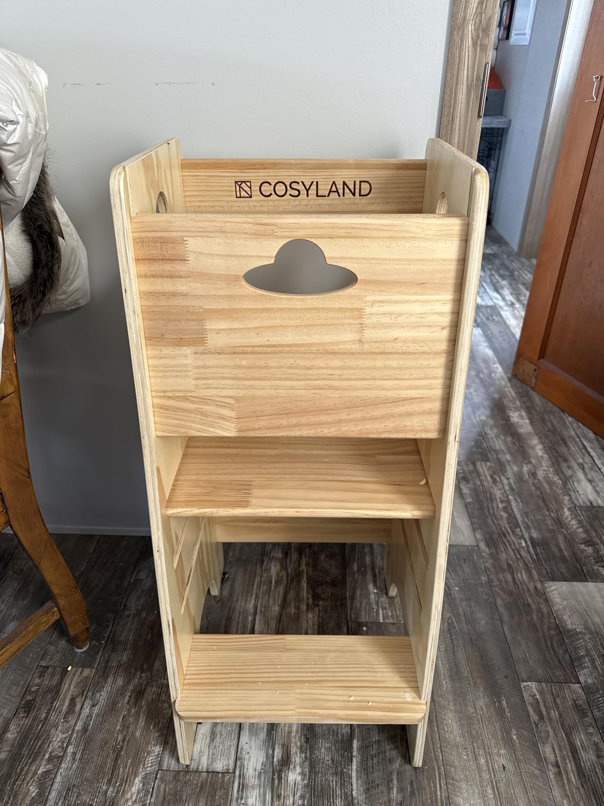 COSYLAND Toddler Standing Tower Adjustable Height - Super Stable Toddler Kitchen Stool Helper - 3 Levels Adjustable Wooden Kids Kitchen Stool (Natural & White) - Customer Photo 1