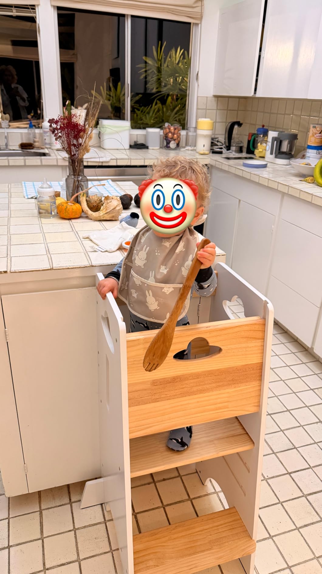COSYLAND Toddler Standing Tower Adjustable Height - Super Stable Toddler Kitchen Stool Helper - 3 Levels Adjustable Wooden Kids Kitchen Stool (Natural & White) - Customer Photo 2
