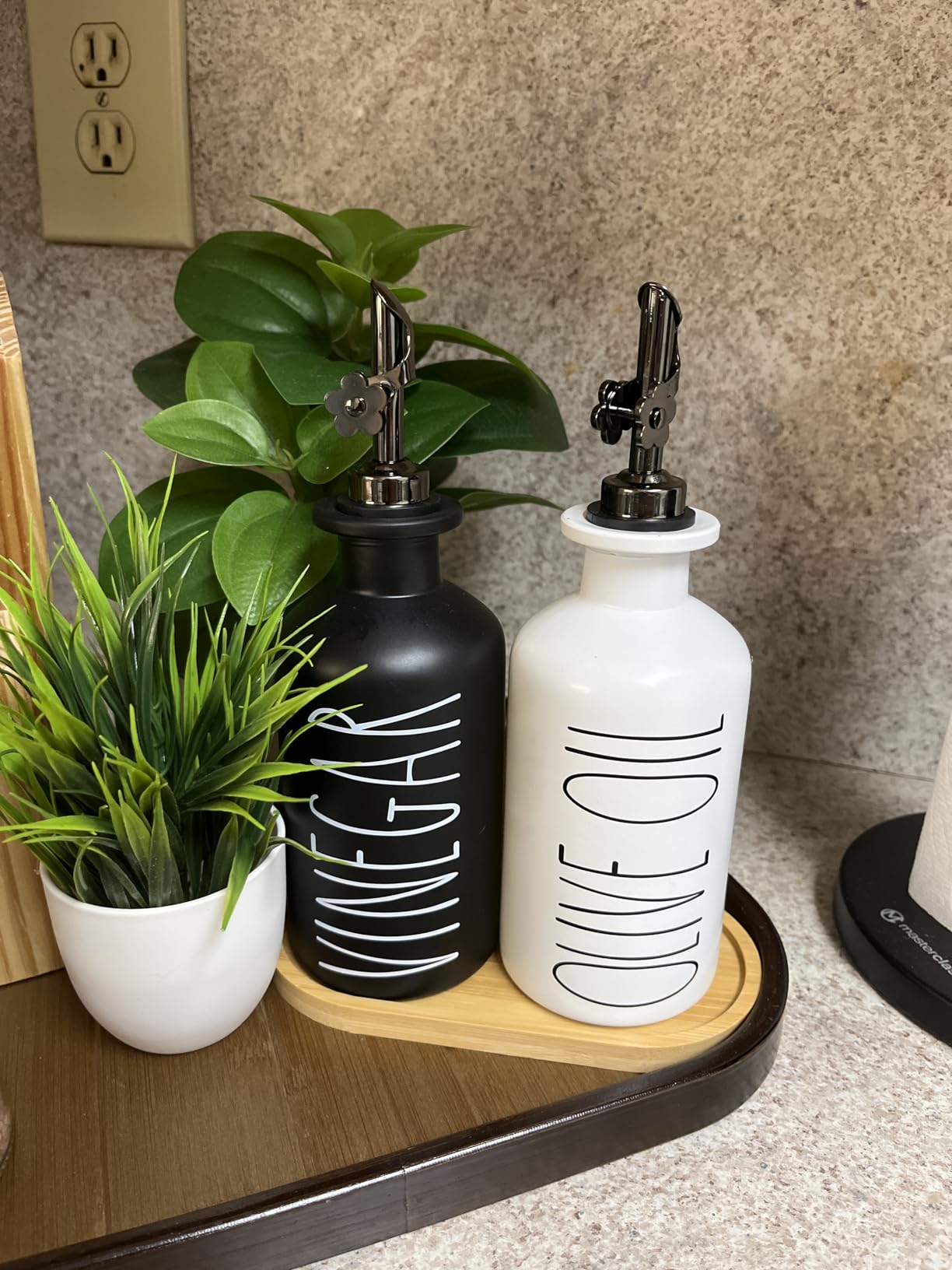 HOMCDALY Premium Olive Oil Dispenser for Kitchen, 11.8oz Glass Oil Bottles with Bamboo Tray, Oil&Vinegar Cruet Set, Kitchen Dispenser Bottles with Pourer | Set of 2 (11.8oz -P-Black&White) - Customer Photo 1