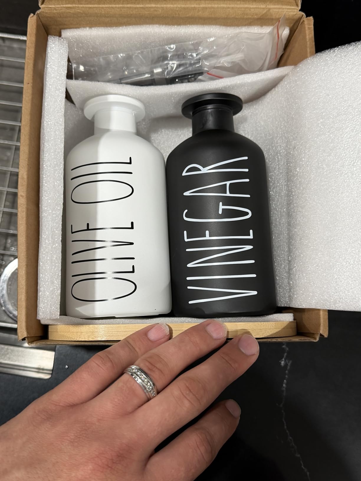 HOMCDALY Premium Olive Oil Dispenser for Kitchen, 11.8oz Glass Oil Bottles with Bamboo Tray, Oil&Vinegar Cruet Set, Kitchen Dispenser Bottles with Pourer | Set of 2 (11.8oz -P-Black&White) - Customer Photo 4