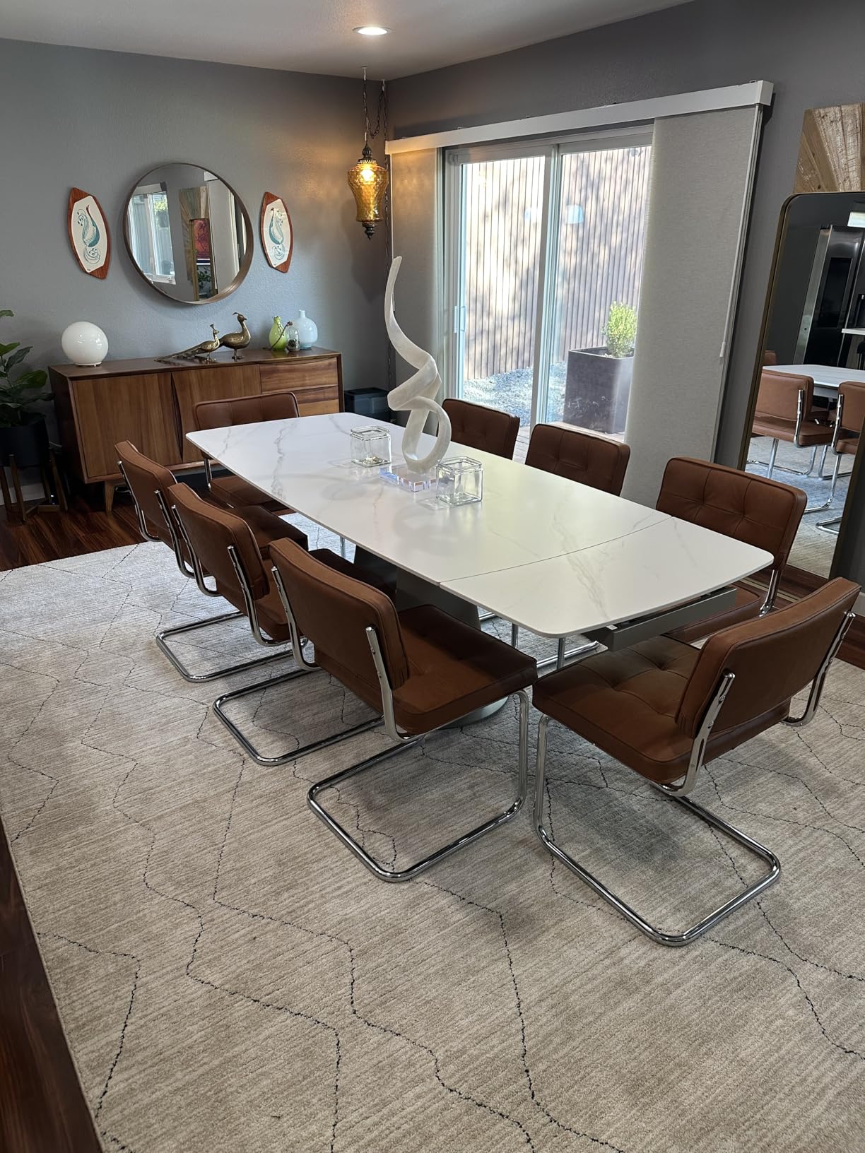 Extendable Sintered Stone Dining Table Seats 8-10 People. Modern Telescopic Dining Table with Leather Base. Durable Stone Tabletop Suitable for Dining Rooms.90in(1Tabel) - Customer Photo 1