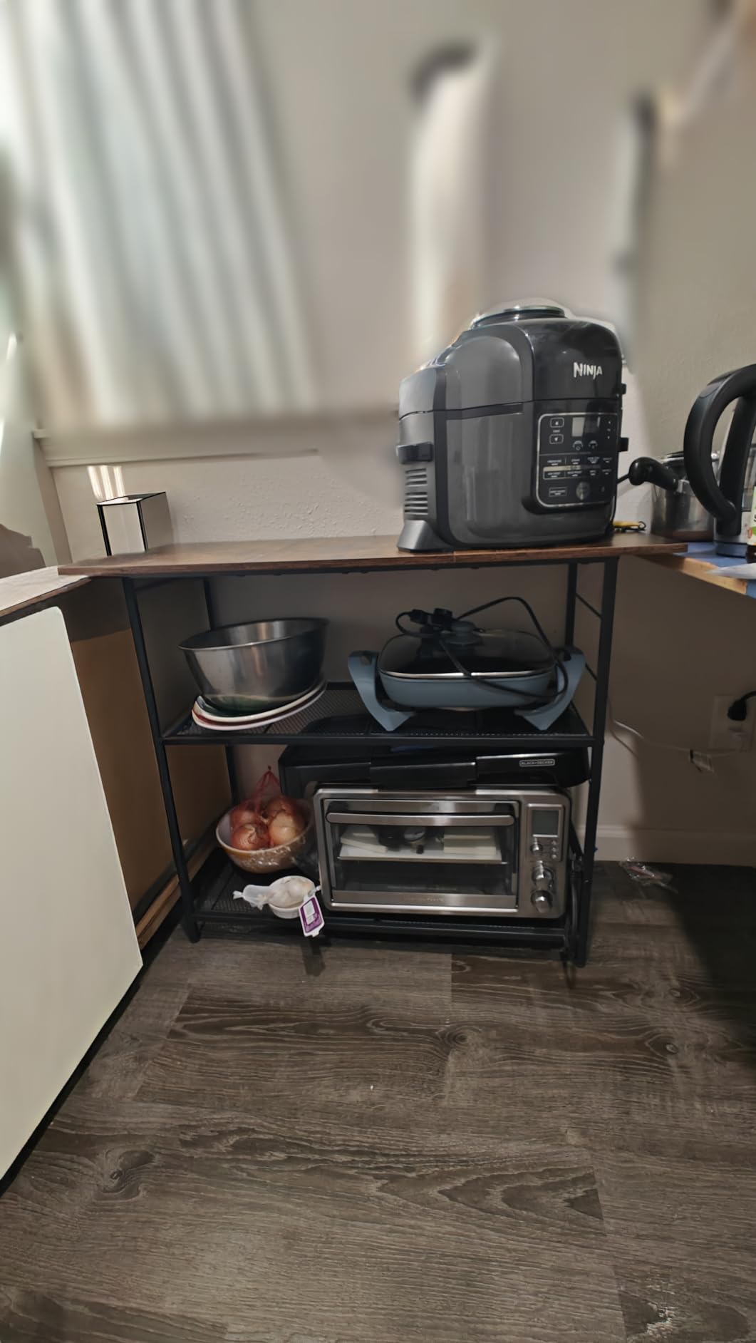 Kitchen Island with 3 Shelves, Rolling Kitchen Cart with 6 Hooks and Protective Shelf, Microwave Stand on Lockable Wheels, Bakers Rack Coffee Bar for Dining, Living Room, Outdoor, Metal Frame - Customer Photo 1