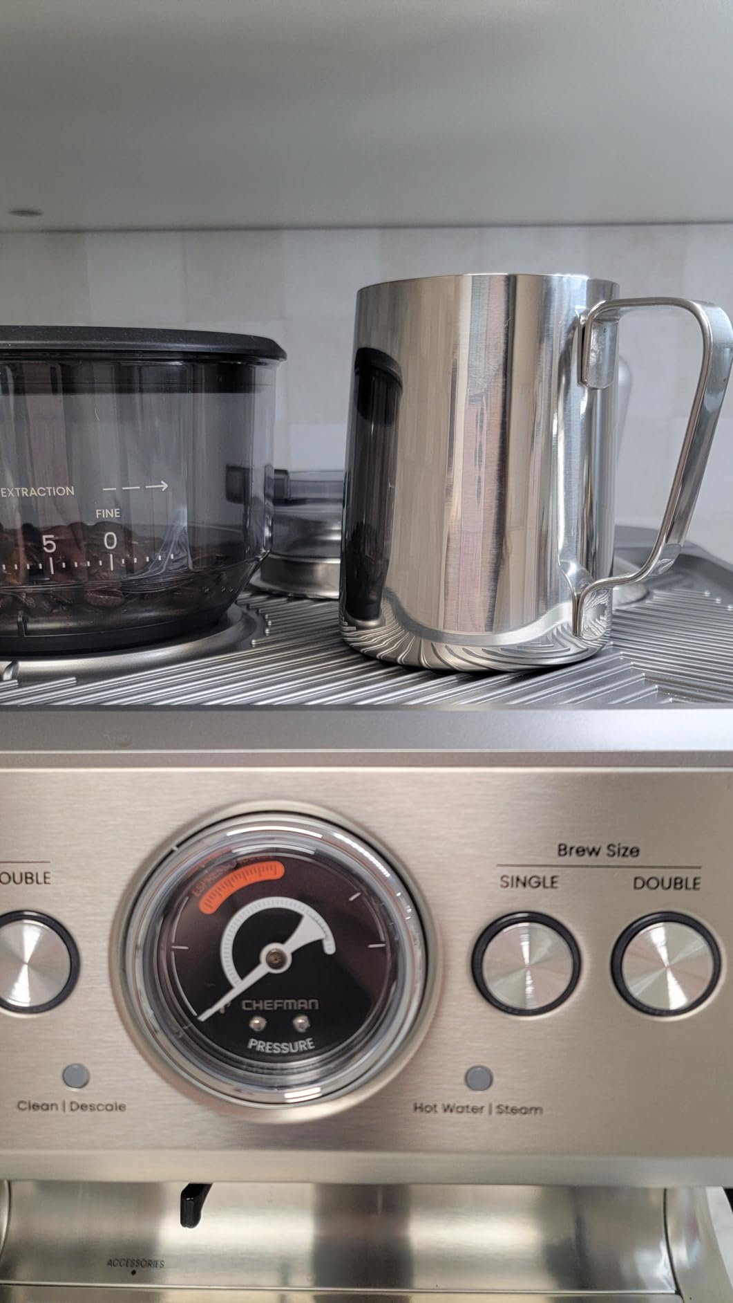 Chefman Crema Supreme 15 Bar Espresso Machine with Milk Frother, Barista Steam Wand, Professional Coffee Maker with Coffee Grinder, 30 Grind Settings, 3L Removable Water Tank - Stainless Steel - Customer Photo 1