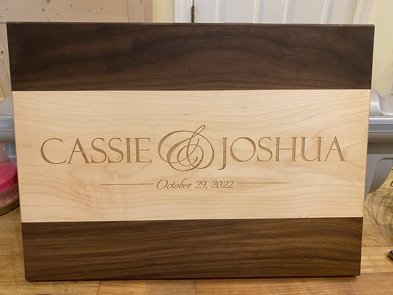 Personalized Laser Engraved Two Tone Maple And Walnut Cutting Board Customer Review Personalized Laser Engraved Two Tone Maple And Walnut Cutting Board - Customer Photo 1