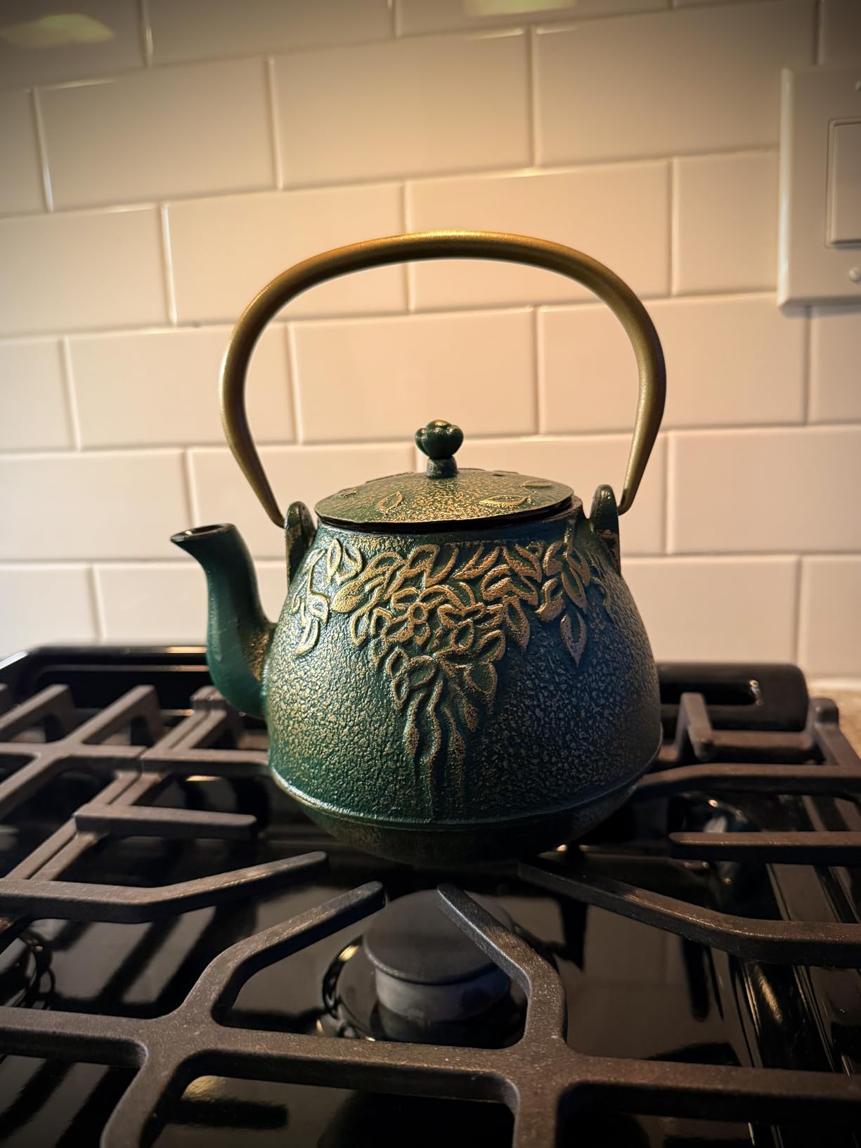 TOPTIER Japanese Teapot with Stainless Steel Infuser, Cast Iron Tea Kettle Stovetop Safe, Leaf Design Coated with Enameled Interior for 32 Ounce (950 ml), Light Green customer photo 1